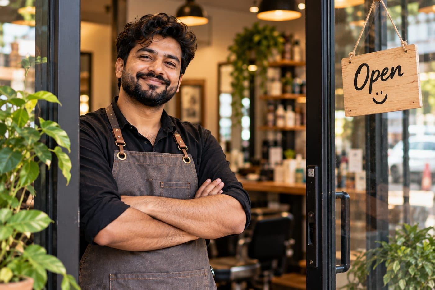 A barber smiling with arms folded in the doorway of his shop, an Open sign on the glass