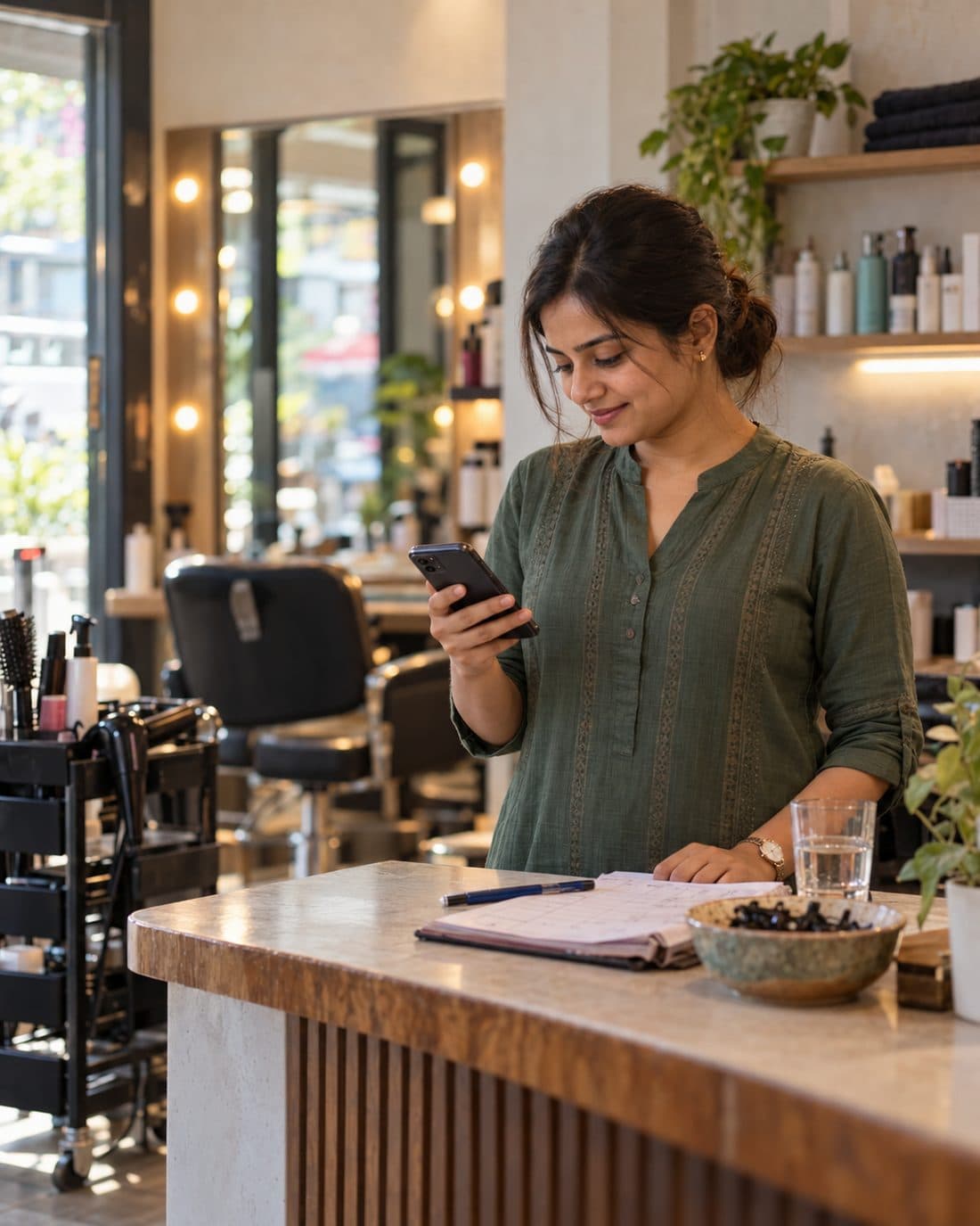 A salon owner at her reception counter, smiling at a new booking on her phone
