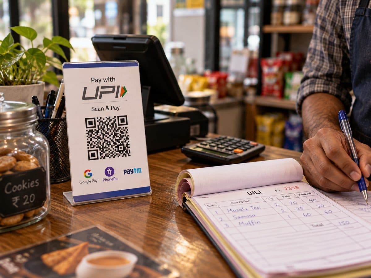 A shop counter with a UPI QR standee and a handwritten bill book